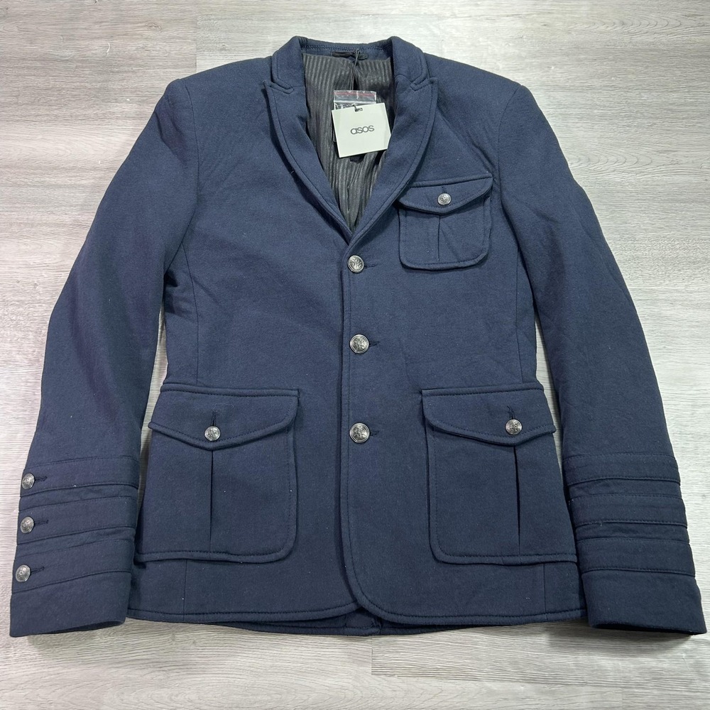 ASOS Blazer Mens 34 Navy Jersey Military Slim Fit Sport Coat Jacket 4 Button